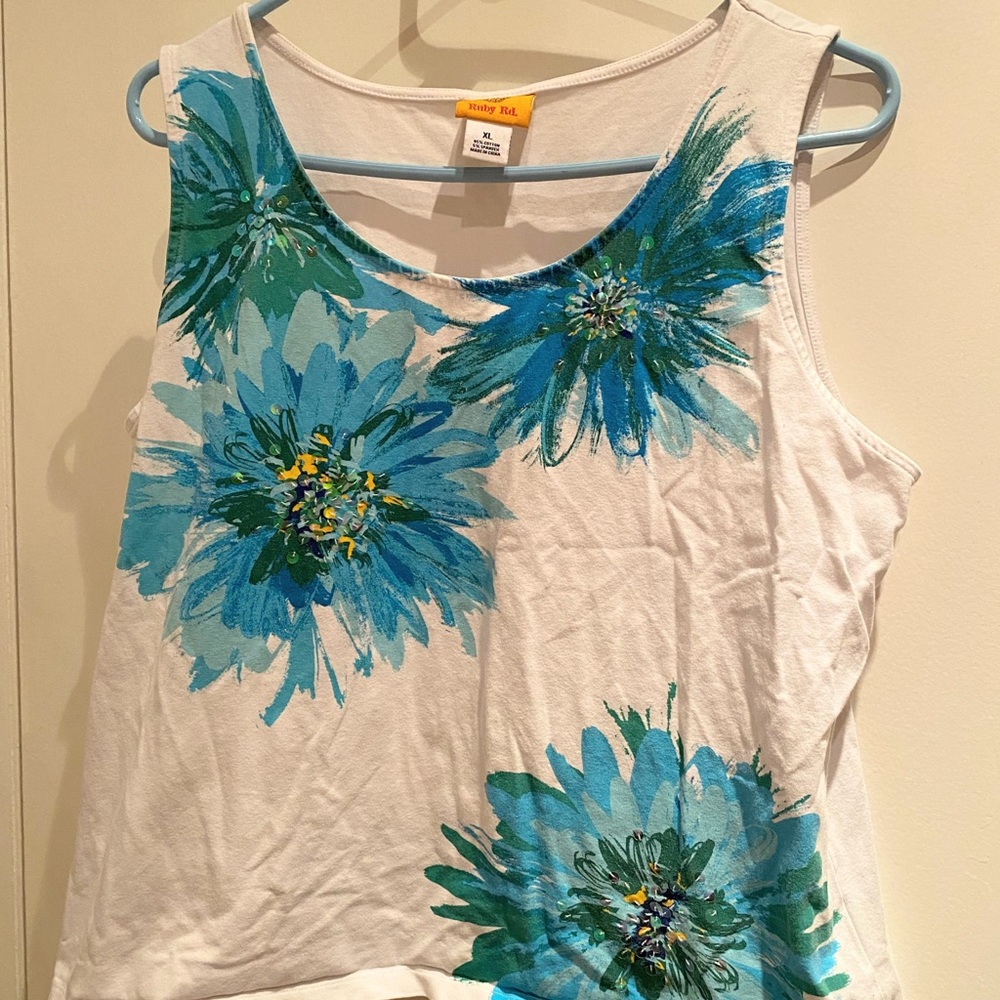 Ruby Rd Blue Floral Scoop Neck Tank Top - size xl - Picture 2 of 4